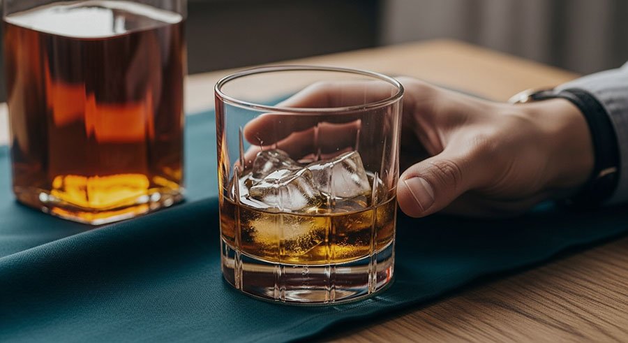 Рука тянется к стакану виски